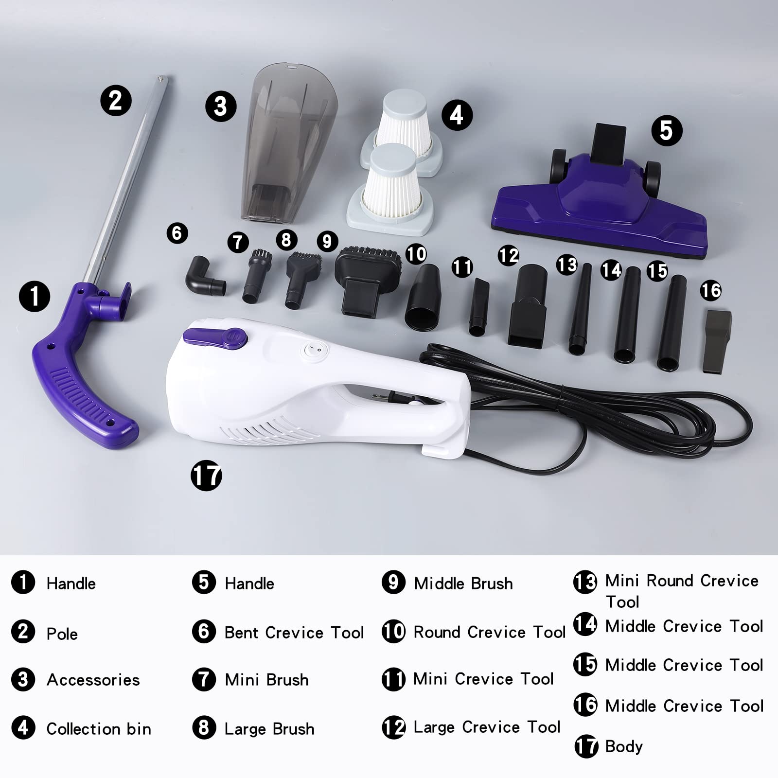 Intercleaner 1701 Purple Corded Stick Vacuum Cleaner, 15KPa Powerful Suction with 400W Motor, 12 in 1 Lightweight Bagless Stick Vac with Handheld, Ultra Quiet, for Hardwood Floor Carpet Car Pet Hair Car Pet Hair